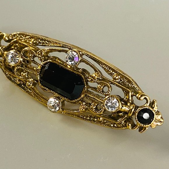 Art Deco Pin Brooch Gold Tone Faux Black Onyx Clear Rhinestone Vintage Jewelry - Picture 8 of 16